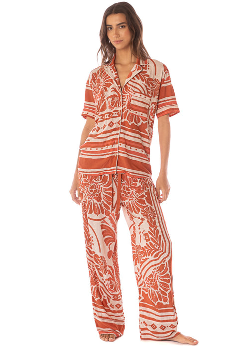 Main image -  pants from Maaji – Botanic Engraving Kameli Short Sleeve Pant Set – Category: Apparel , Accessories Clothing Sleepwear , Loungewear Pajamas